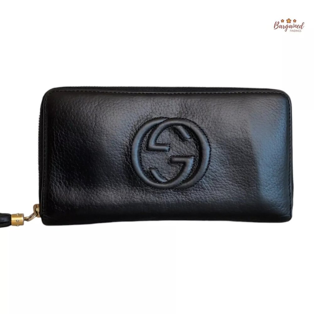 Authentic GUCCI Black Pebbled Leather Soho Interlocking G Zip Around Long Wallet